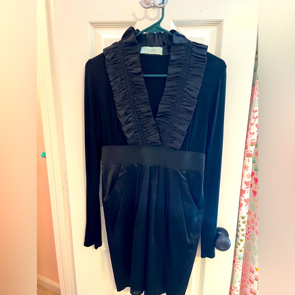 Karlie black ruffled neck dress with pockets